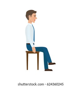 Man Sitting On The Chair In Suit Side View. Man At Endless Work Seven Days A Week. Working Moments At The Office. Vector Illustration Of Sitting Person On Chair Isolated On White Background