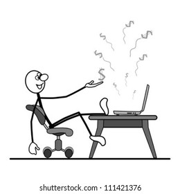 man sitting on a chair. on the table is a computer. flying dollars. is profit.
