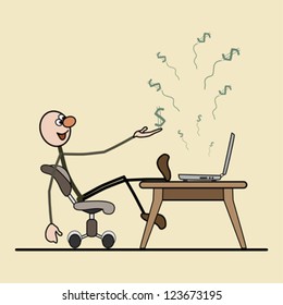 man sitting on a chair. on the table is a computer. flying dollars. is profit.