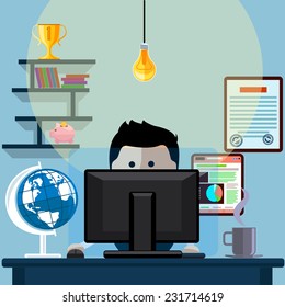 Man sitting on chair at table in front of computer monitor and shining lamp cartoon flat design style