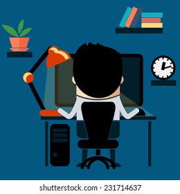 Man sitting on chair at table in front of computer monitor and shining lamp cartoon flat design style