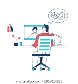 Man sitting on chair and talking to woman online. Professional psychotherapist talking to client. Home office interior with books and plants. Doctor helping patient line style vector illustration.