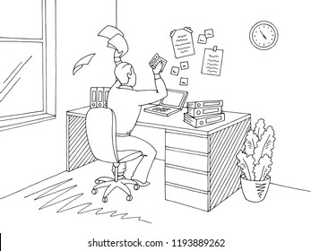 Man sitting on a chair and throwing paper feeling stress. Office room graphic black white interior sketch illustration vector 