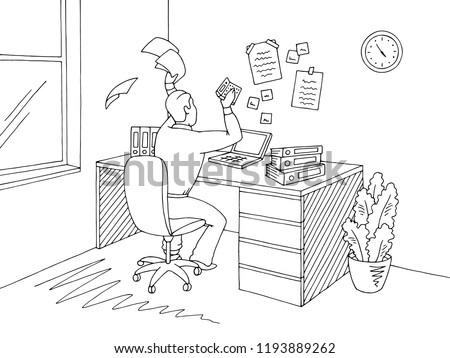 Man sitting on a chair and throwing paper feeling stress. Office room graphic black white interior sketch illustration vector 