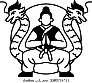 A man is sitting on a chair with two dragons on either side of him. The man is wearing a black outfit and he is meditating. Concept of calmness and serenity