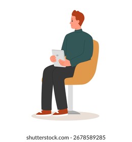 man sitting on chair and using tablet. Flat cartoon style vector illustration isolated on white background