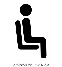 Man sitting on chair vector icon. Seated passenger symbol for travel, public transport, and waiting areas. Black silhouette isolated on white background.