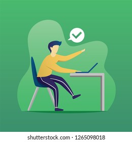man sitting on a chair, working on a laptop computer, and telling the correct. cartoon vector illustration flat style.