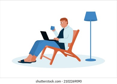 The man sitting on chair and working on laptop. Flat illustration