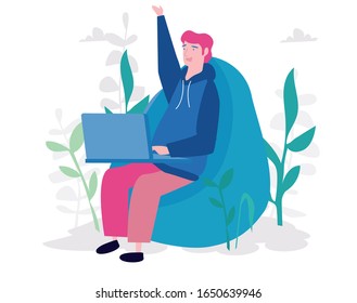 Man sitting on the chair works on the laptop. Online education, Vector flat illustration. Landing page template, Student enjoy free time. Vector illustration for web banner, infographics, mobile.