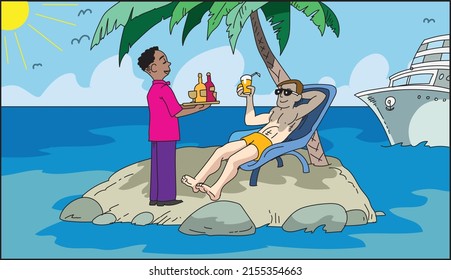 The man is sitting on a chaise under an palm tree