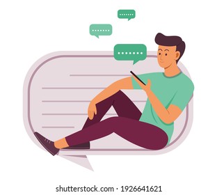Man is Sitting on Chatting Bubble Icon and Chatting on Mobile Phone.