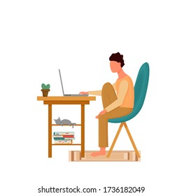 Man sitting on cheir working with laptop, in table books and sleeping cat. Education, freelance work concept stock vector illustration isolated on white background.