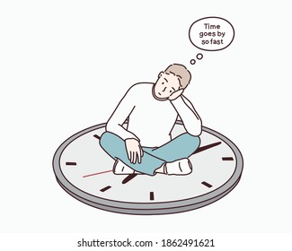 Man sitting on on a clock. Hand drawn style vector design illustrations. Hand drawn style vector design illustrations.