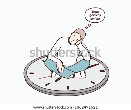 Man sitting on on a clock. Hand drawn style vector design illustrations. Hand drawn style vector design illustrations.