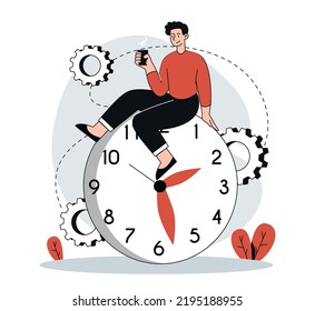 Man sitting on clock. Young guy with coffee relaxing, hot drinks and tea, efficient workflow, time management. Character resting, employee or worker has lunch break. Cartoon flat vector illustration