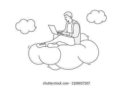 Man sitting on cloud and working on laptop. Hand drawn vector illustration. Black and white.