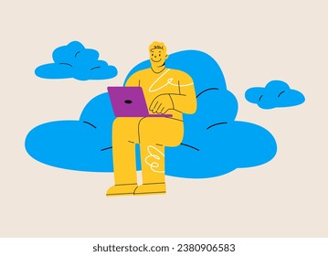 Man sitting on cloud working on laptop. Colorful vector illustration
