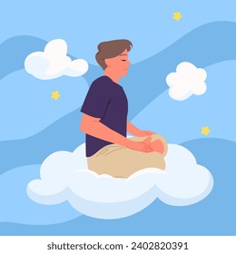 Mann sitzend auf Wolken für ruhige Yoga-Meditation und Zen Gedanken Vektorgrafik. Cartoon-Typ mit geschlossenen Augen, meditiert in Lotusposition, Denken und Fühlen von Harmonie, spirituelle Gedankenkontrolle