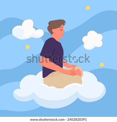 Man sitting on clouds for calm yoga meditation and zen thoughts vector illustration. Cartoon guy with closed eyes meditating in lotus position, thinking and feeling harmony, spiritual mind control