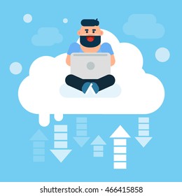 Man Sitting on Clouds Use Laptop Computer, Cloud Technology Online Internet Data Flat Vector Illustration