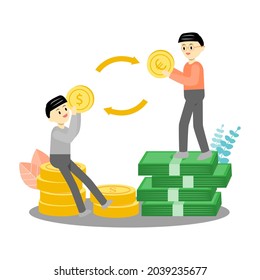 Man sitting on the coins exchanging us dollar with the other man standing on banknotes who holding euro dollar coin. money exchange, money swap concept