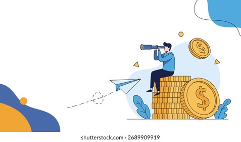 Man sitting on coins looking through telescope for opportunities.