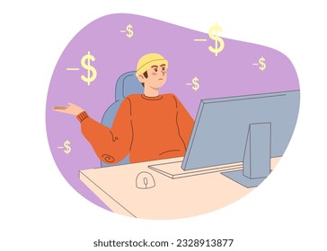 Man sitting on the computer. Male losing money online. Concept of money problems. Vector illustration for bankruptcy, loss, crisis.