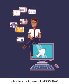 man sitting on computer with phone social media