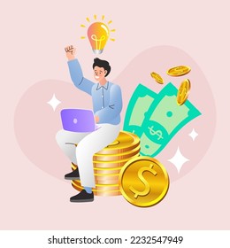 Man sitting on a computer sitting on a stack of coins. online banking and business growing. Savings or income increase, growth. Flat design vector illustration.
