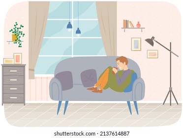 Man sitting on couch drinking coffee or tea. Person spends time at home alone vector illustration. Guy resting with drink on comfortable sofa. Male character in apartment during day off, weekend
