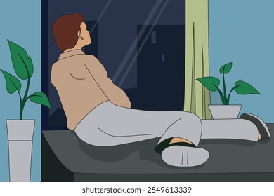 man sitting on couch, enjoy view of night outside through window