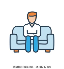 Man sitting on couch flat color icon. Isolated vector illustration.