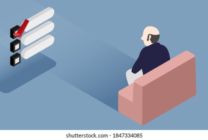 A man sitting on the couch in front of the checklist isometric