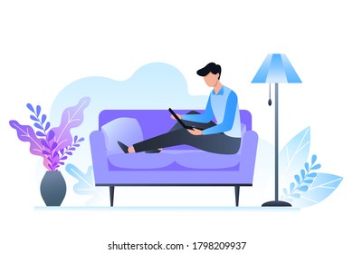 The man is sitting on the couch and holding a laptop. Freelance and learning at home. Room interior in cold shades. Vector illustration