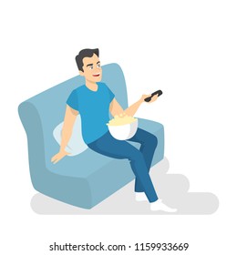 Man sitting on the couch at home and watching TV with pop corn. Isolated vector illustration in cartoon style