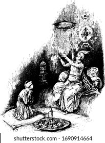 A man sitting on couch and kept hands below pot hanged at top, a man sitting on ground looking at him and plate on ground, vintage line drawing or engraving illustration