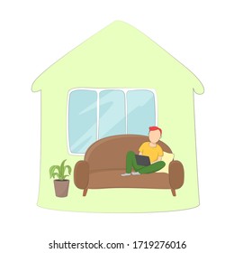 Man sitting on couch with laptop in his house. Vector illustration.
