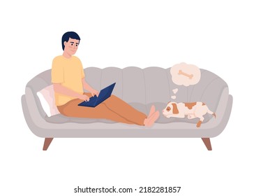 Man sitting on couch with laptop semi flat color vector character. Editable figure. Full body person on white. Online work simple cartoon style illustration for web graphic design and animation