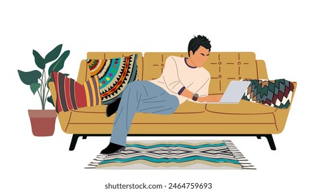 A man is sitting on a couch with a laptop in front of him. The couch is yellow and a rug underneath it. There is a potted plant in the background. Remote work, freelance concept vector illustration.