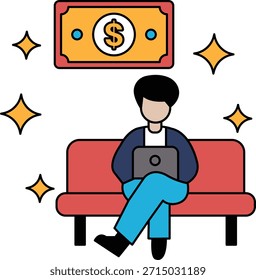 A man is sitting on a couch with a laptop in front of him. The image is titled "Money" and features a dollar bill with a star on it. The man is likely working or browsing the internet on his laptop
