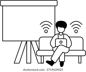 Ein Mann sitzt auf einer Couch mit einem Laptop vor ihm. Er benutzt den Laptop, um im Internet zu surfen