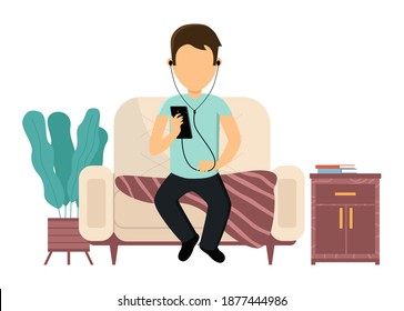 Man is sitting on the couch and listening to music. Guy with a phone and headphones in his hands. Male character is resting and spending time at home. Person relaxing with songs vector illustration