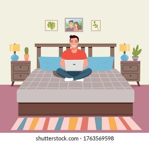 Man sitting on the couch with notebook. Interior space bedroom. Vector flat illustration