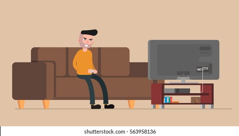 Man sitting on the couch and playing console. Flat. vector