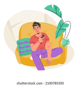 Man sitting on the couch with remote control and watching movie. Man watches TV. Streaming video service, online cinema concept, flat cartoon vector illustration isolated on white background.
