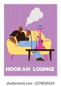 Man sitting on couch and smoking hookah, poster template flat vector illustration. Black person relaxing with shisha. Tobacco smoking concept.