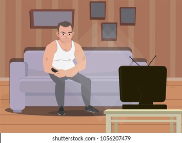 A man is sitting on the couch watching TV and frowning