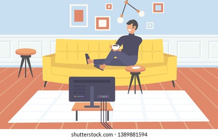 man sitting on couch watching tv guy drinking coffee having fun contemporary living room interior home modern apartment design flat horizontal full length