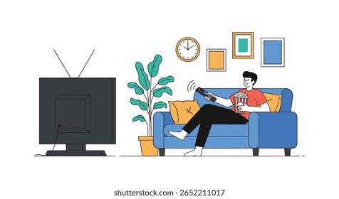 Homem sentado no sofá assistindo televisão segurando pipoca e controle remoto relaxando em casa